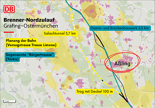 Brenner Nordzulauf - Trassenverlauf Trasse Türkis und Trasse Limone